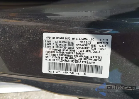 2015 Honda Odyssey Ex-L z USA, uszkodzony, nr VIN 5FNRL5H66FB038542